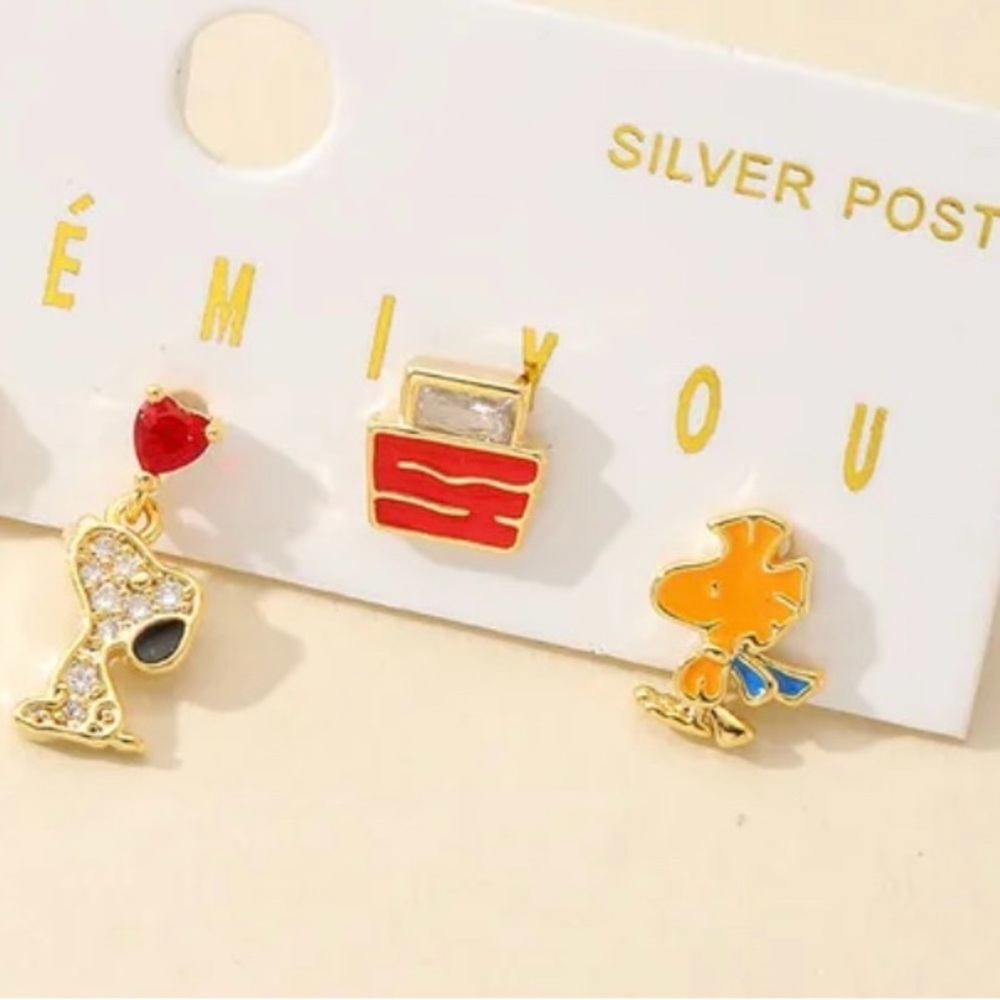 14K Gold Plated Peanuts Gang Snoopy & Woodstock Theme Earrings Mismatched Set - Picture 3 of 4
